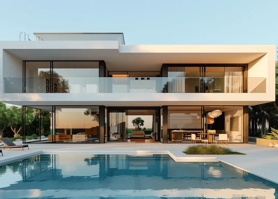 Modern luxury home with glass balcony and pool at dusk